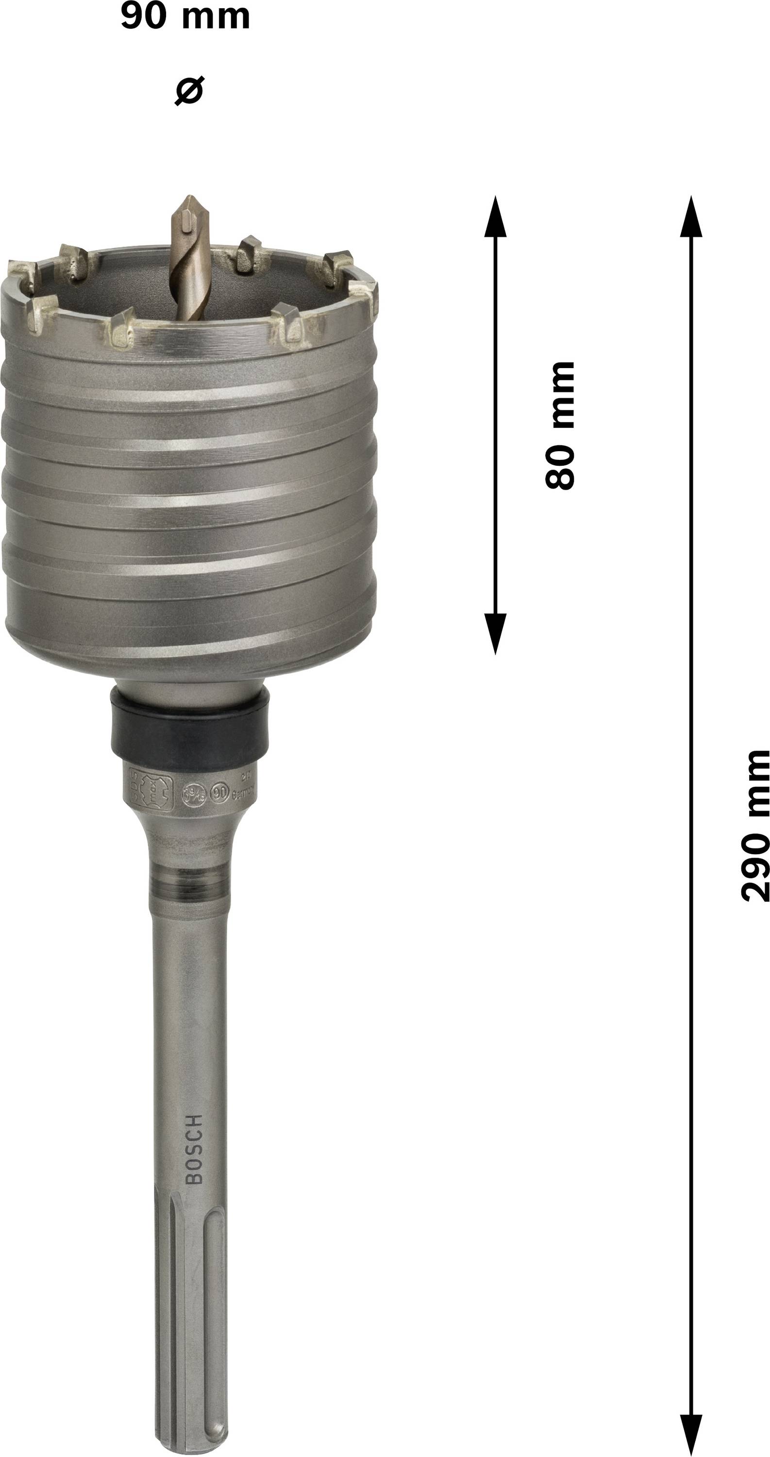 Bohrkrone mit einem Durchmesser von 90 mm und einer Länge von 290 mm. Seitenansicht mit Längenangaben: 80 mm Krone, 290 mm Gesamt.