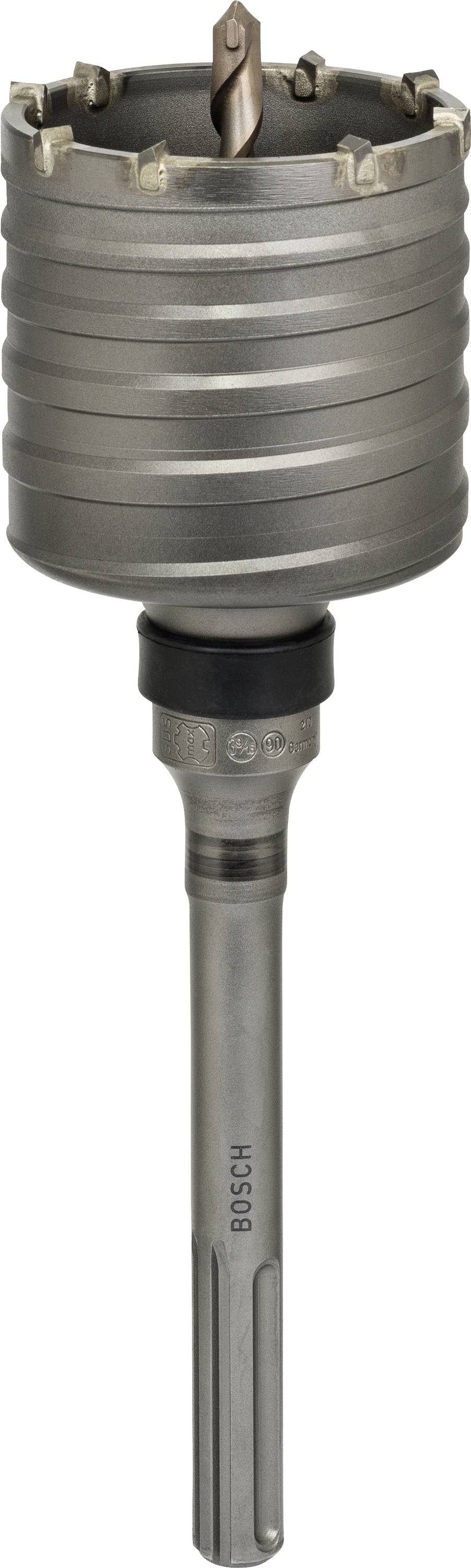 Ein metallischer Bohrhammeraufsatz mit zylindrischem Kopf und mehreren Schneidezähnen, geeignet zum Bohren in feste Materialien.