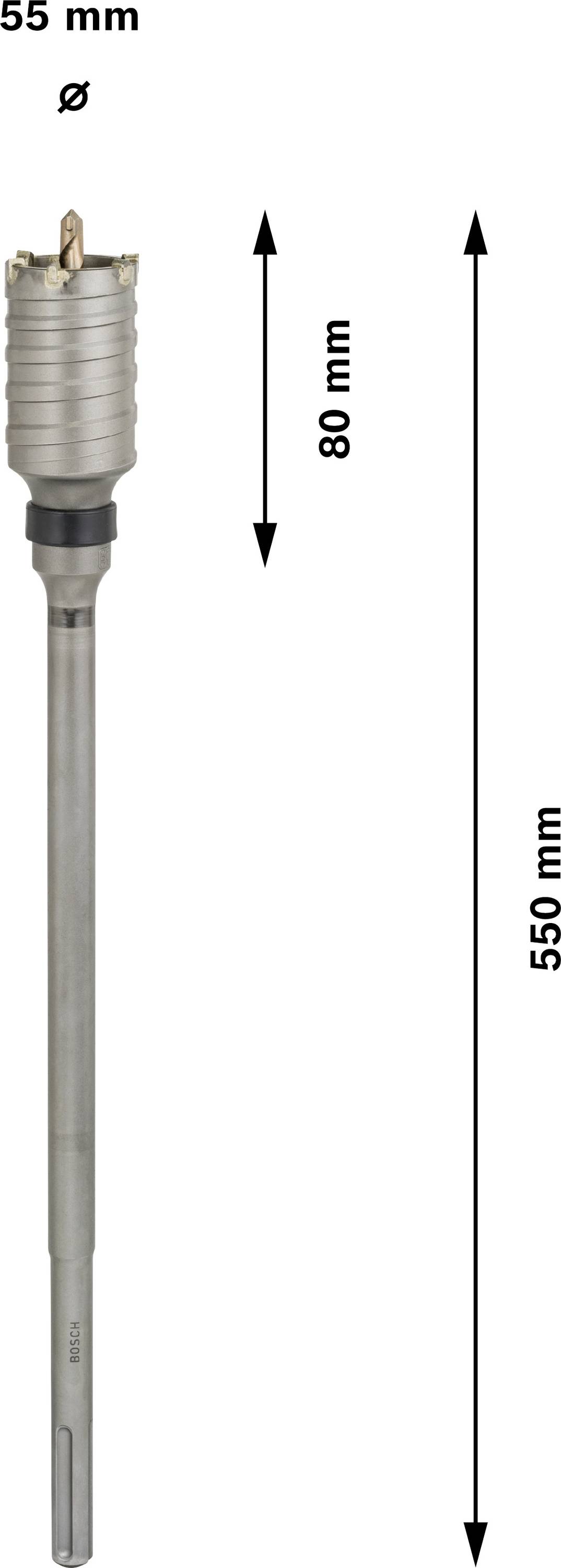Abgebildet ist ein Bohrhammeraufsatz mit einem Durchmesser von 55 mm, einer Länge des Bohrkopfs von 80 mm und einer Gesamtlänge von 550 mm.