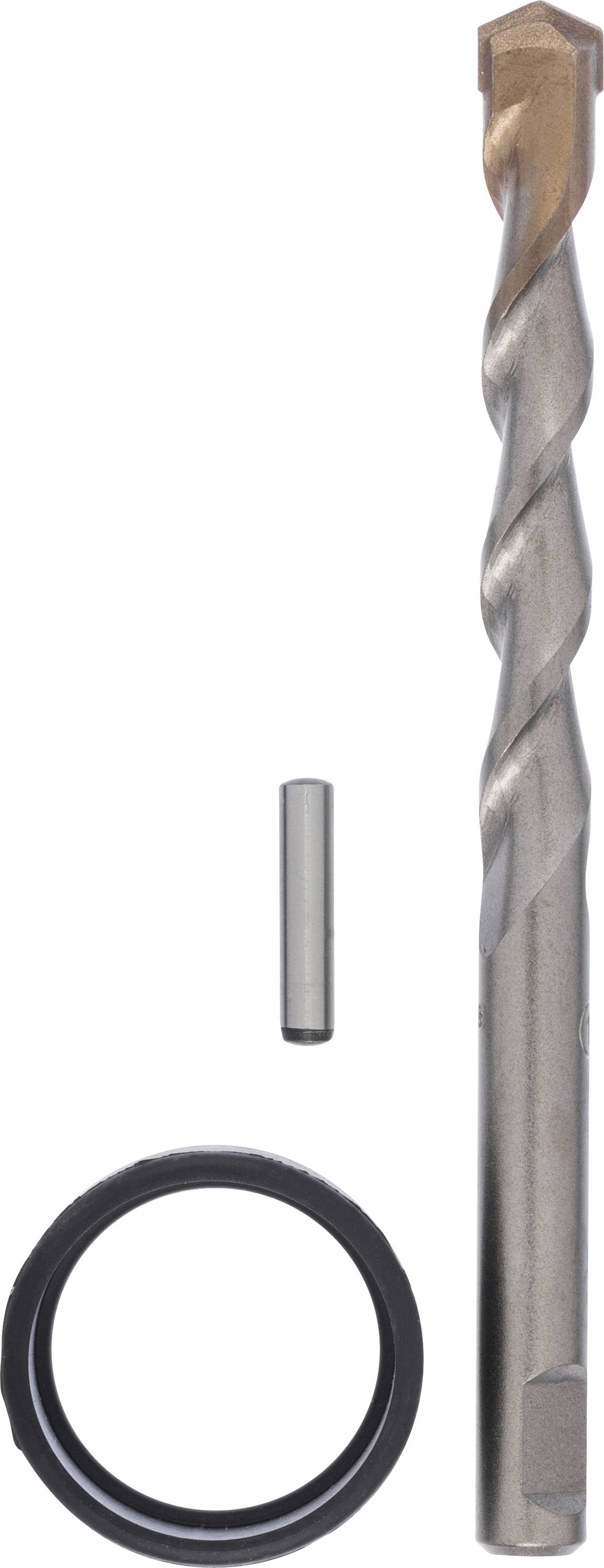 Bohraufsatz-Set mit einem Metallbohrer, einer kleinen zylindrischen Stange und einem Gummiring, aufrecht nebeneinander platziert.