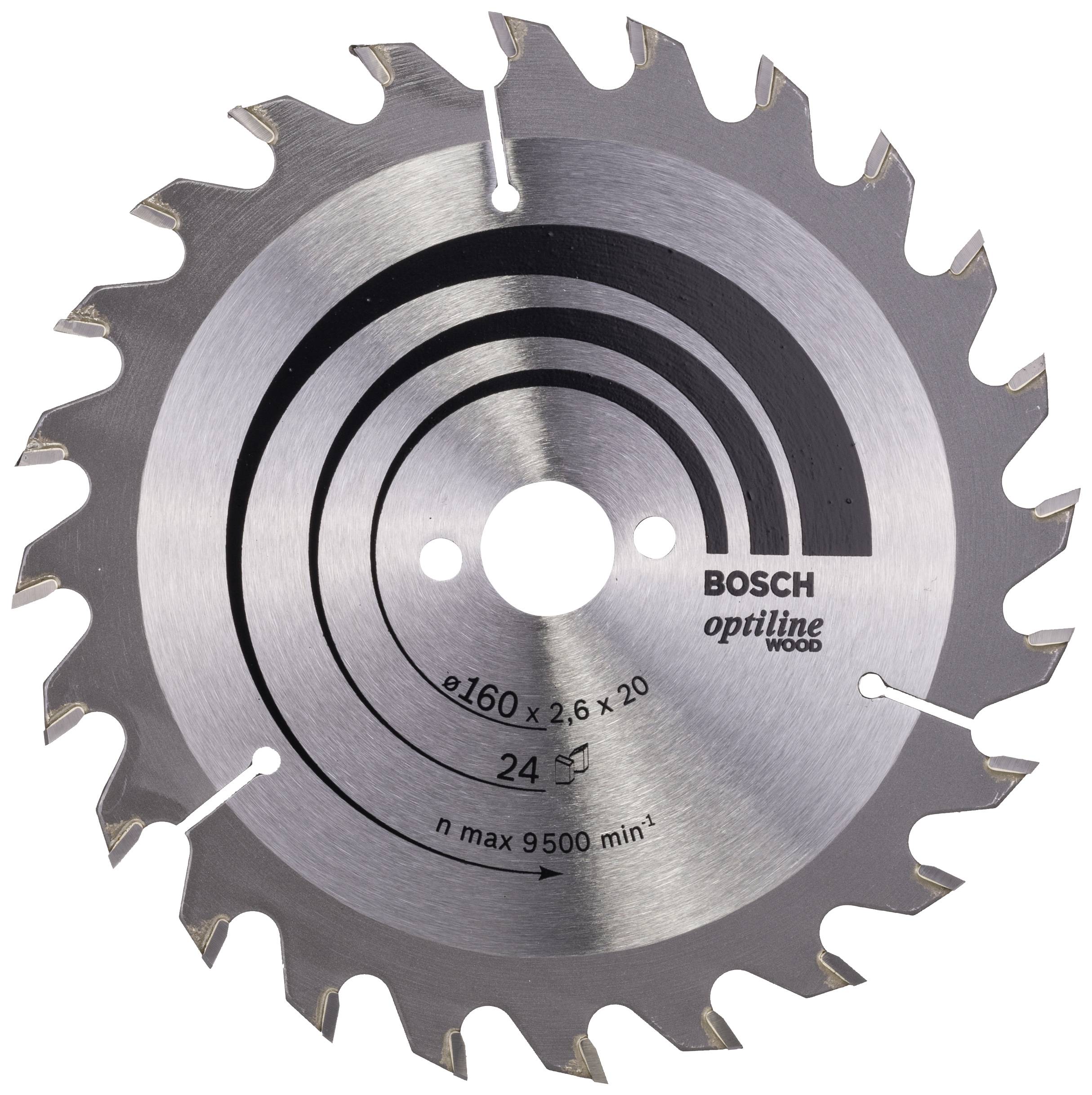 Kreissägeblatt aus Metall mit 24 Zähnen für Holzverarbeitung. Aufschrift: 'Bosch Optiline Wood', Durchmesser '160 x 2,6 x 20', max. 9500 min⁻¹.
