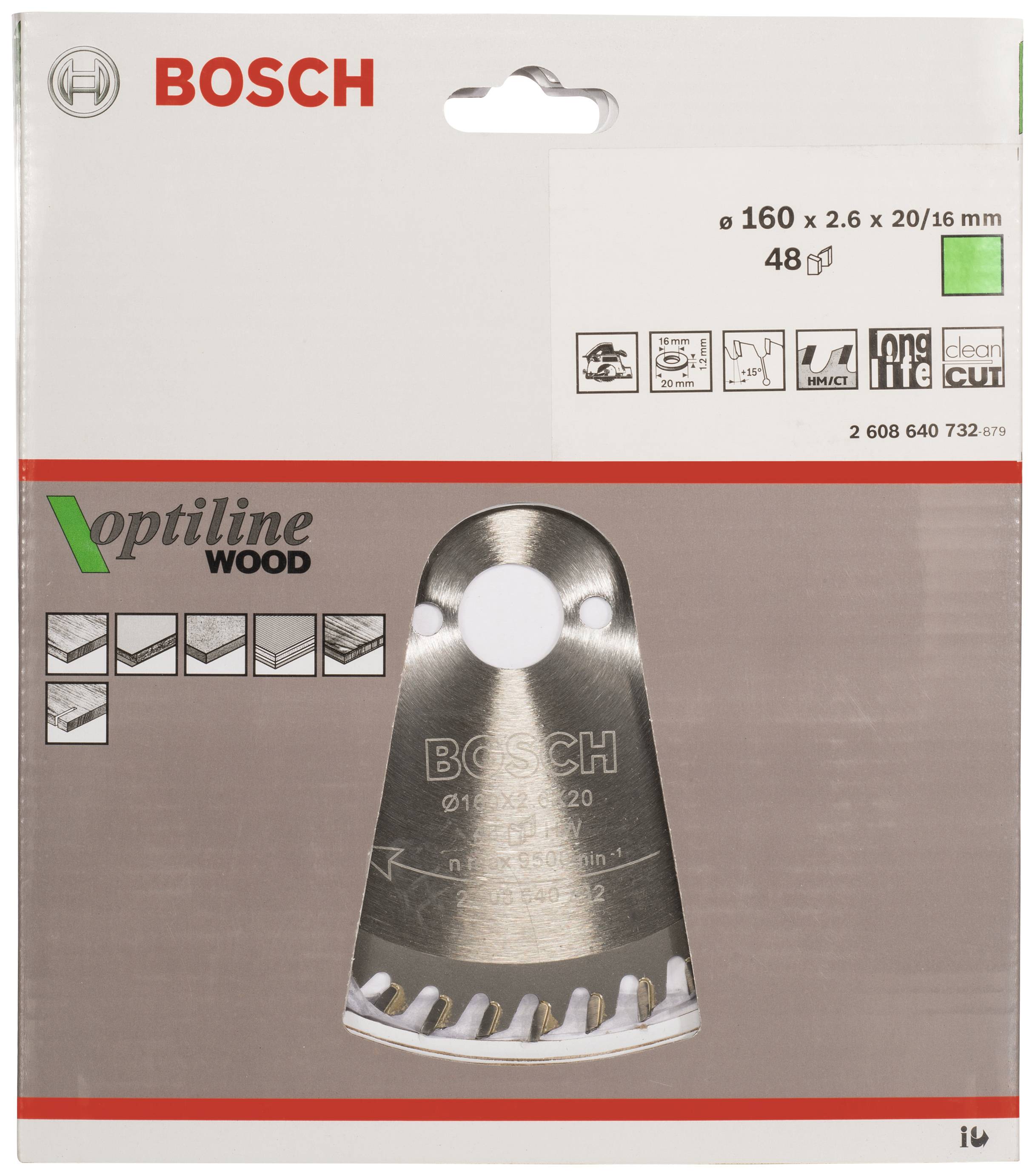 Sägeblatt für Holz von Bosch, Optiline Wood, Durchmesser 160 mm, 48 Zähne, geeignet für präzise Schnitte in Holzmaterialien.