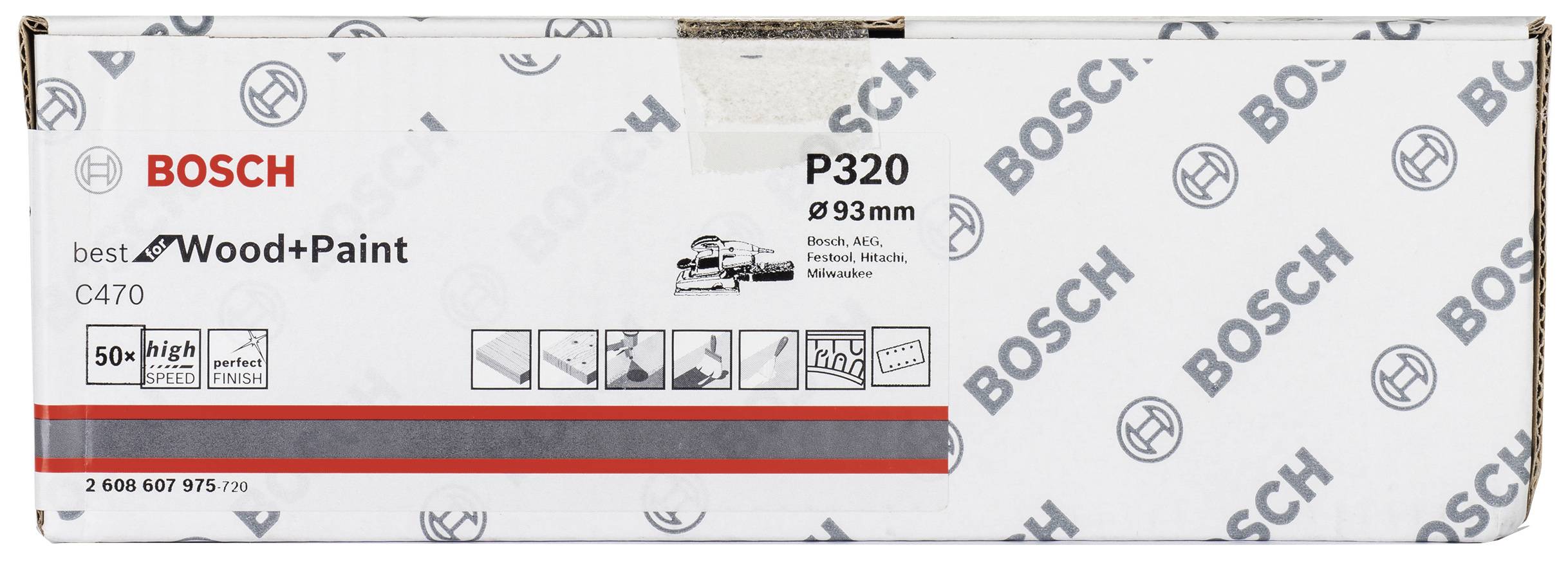Verpackung von Bosch Schleifpapier, Typ P320, Ø 93 mm, speziell für Holz und Farbe. Enthält Symbole für hohe Leistung und Staubfreiheit.