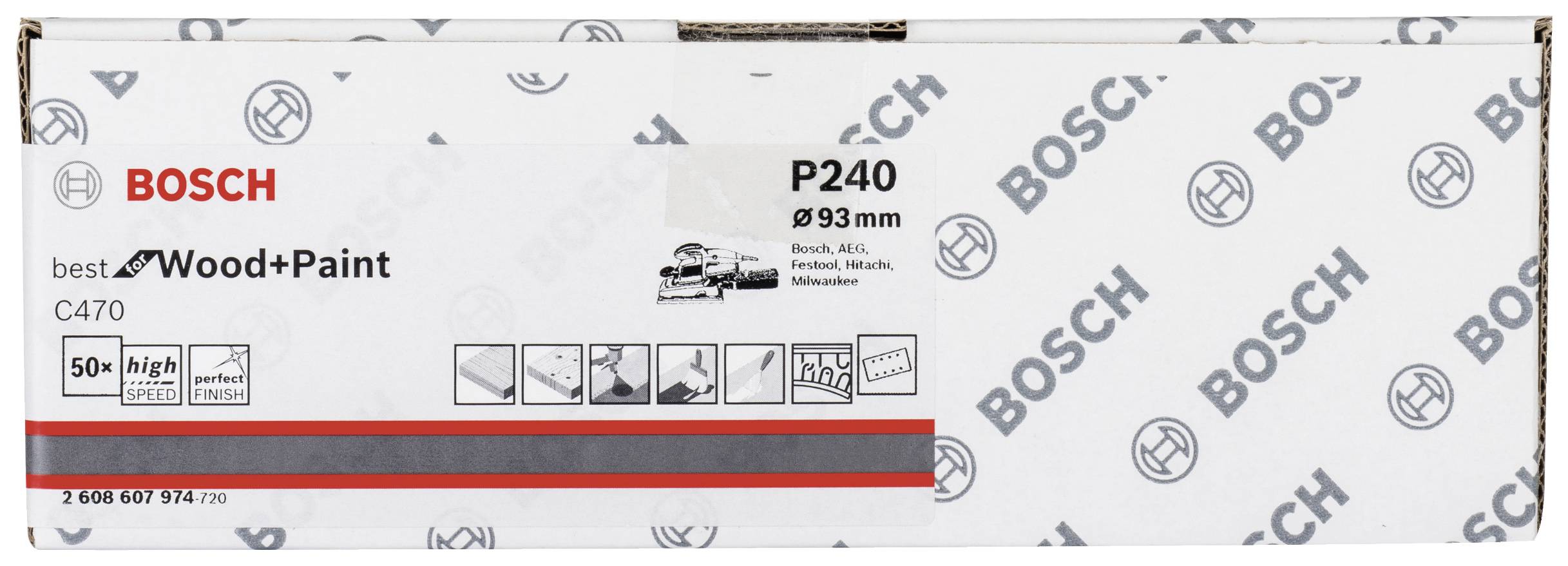 Verpackung von Bosch Schleifpapier P240, Ø93 mm, geeignet für Holz und Farbe; Produktname, Symbole und Maße auf der Vorderseite.