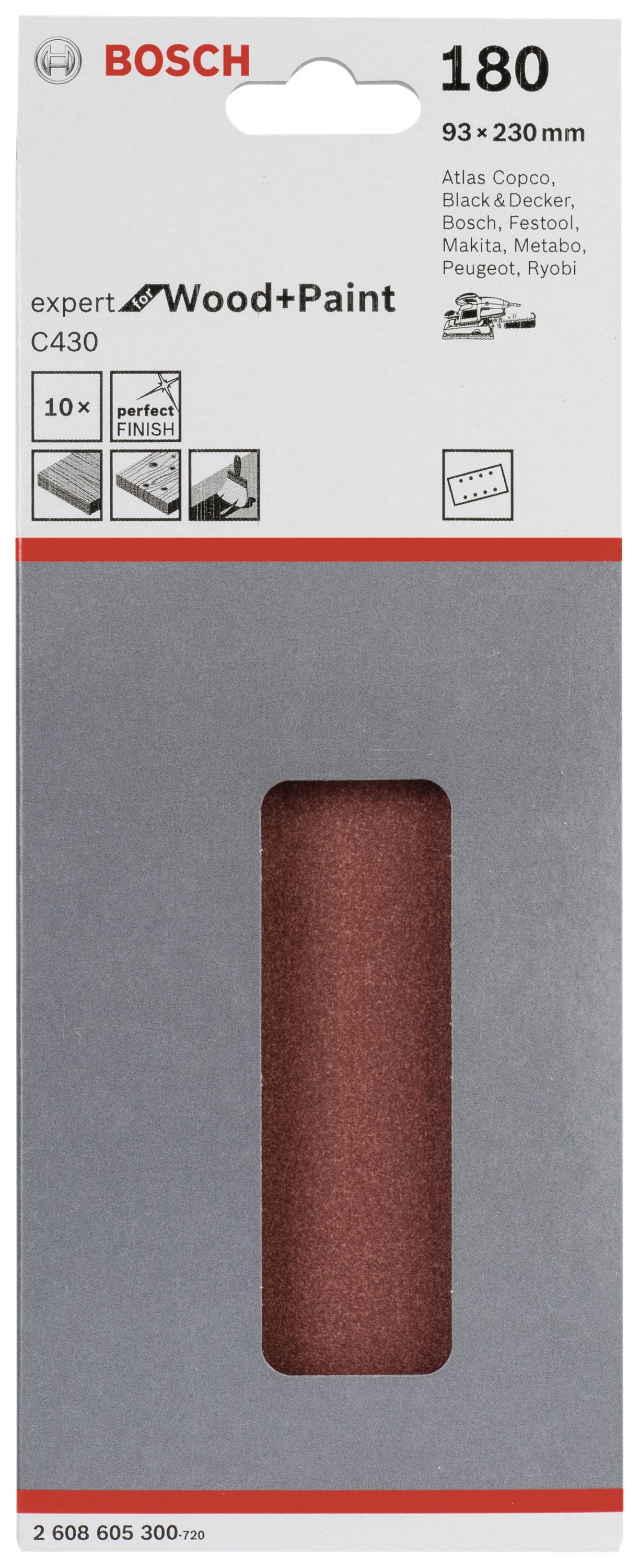 Schleifpapierverpackung von Bosch, 93 x 230 mm, für Holz und Lack, Körnung 180, 10 Stück, kompatibel mit verschiedenen Marken.