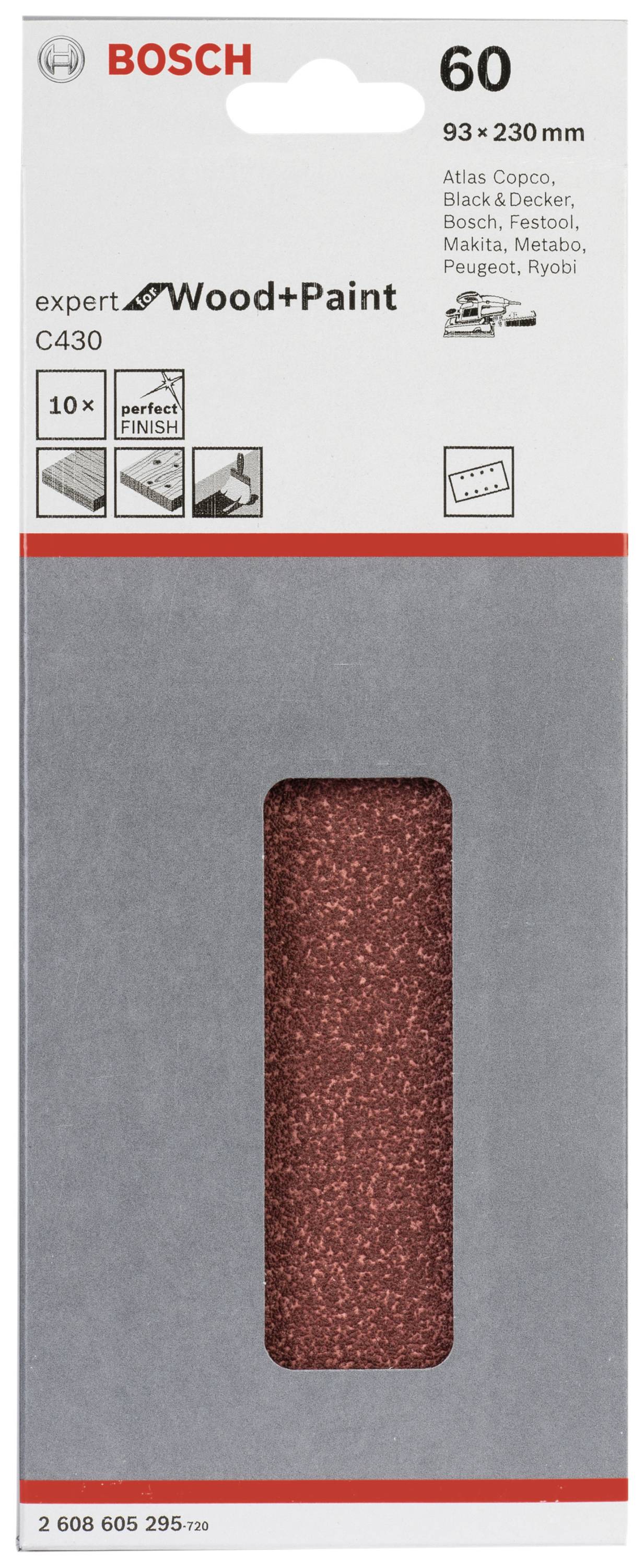 Schleifpapier von Bosch, speziell für Holz und Farbe, Maße 93 x 230 mm, Körnung 60, geeignet für Marken wie Atlas Copco, Bosch, Flex.