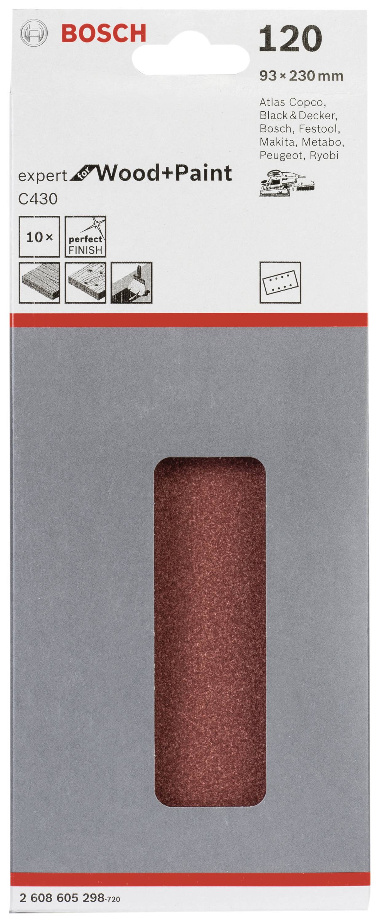 Verpackung für Schleifpapier von Bosch, geeignet für Holz und Farbe, Körnung 120, Maße 93 x 230 mm, Beispielanwendungen aufgelistet.