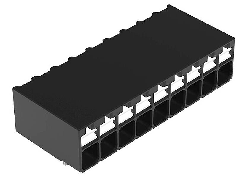 Schwarzer, rechteckiger Steckverbinder mit mehreren Anschlussbuchsen in zwei Reihen, geeignet für elektronische Geräteverbindungen.