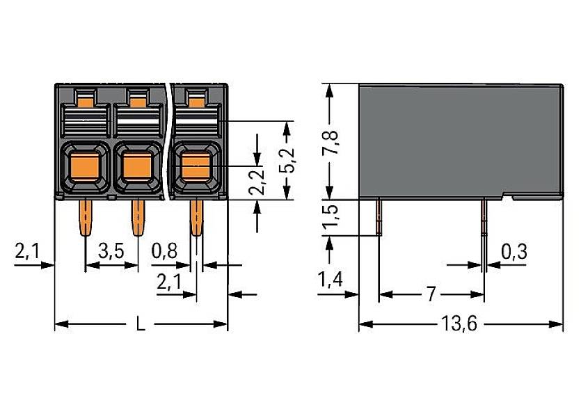 Technische Zeichnung eines Steckverbinders mit Abmessungen: Länge 13,6 mm, Breite 5,2 mm, Höhe 7,8 mm. Detaillierte Maße für Pins und Anschlüsse.