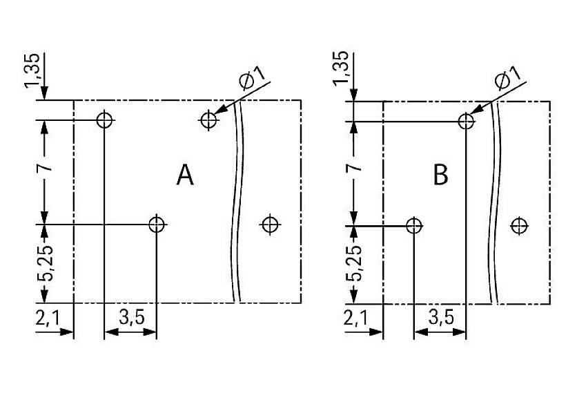 Technische Zeichnung von zwei Bauteilen, A und B, mit identischen Maßen und Bohrungen. Maße: 7 hoch, 3,5 breit, Bohrungen Ø1 und Ø1,35.
