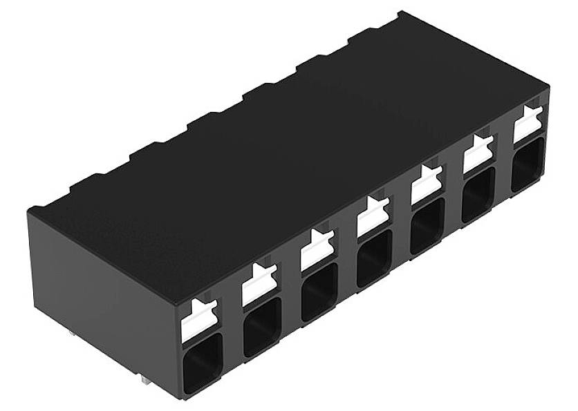Ein schwarzer Kunststoffstecker mit sechs quadratischen Buchsenreihen, jeweils mit weißen Clips an der Oberseite.