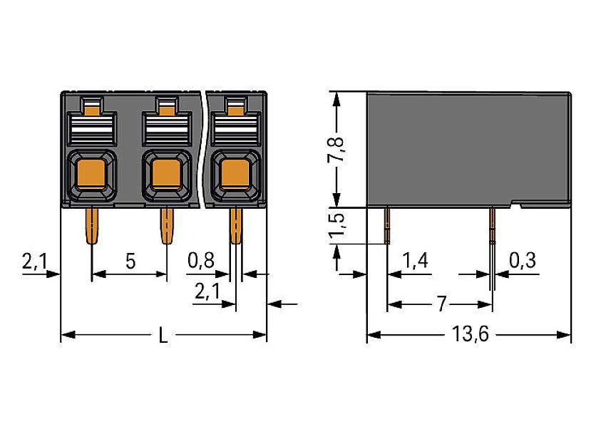 Technische Zeichnung eines elektronischen Bauteils mit Maßen: 2,1 mm Anschlussabstand, 5 mm Bauteillänge, 13,6 mm Gesamtbreite.