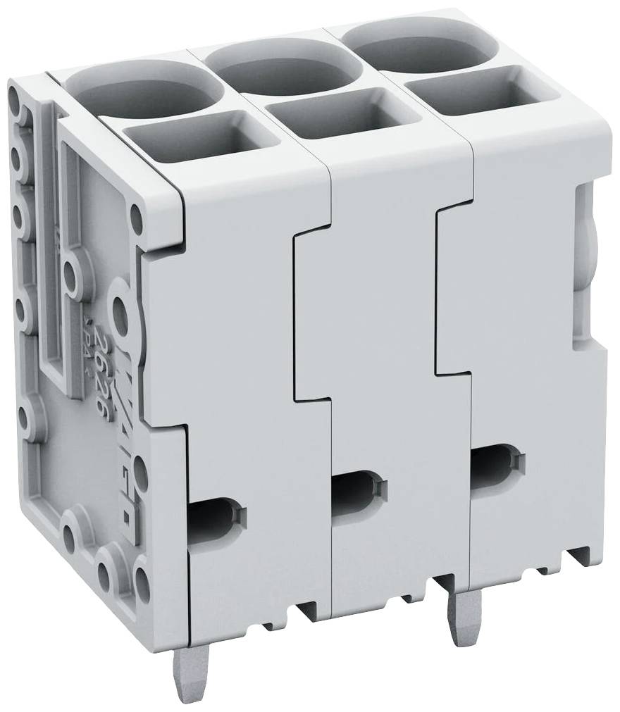 Dreipolige Steckerleiste aus grauem Kunststoff, obere Öffnungen für Kabelverbindung, geeignet für elektronische Anwendungen.