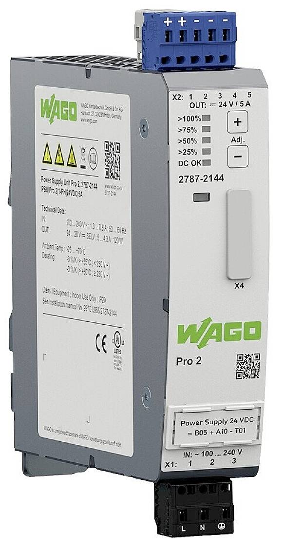 Ein WAGO Pro 2 Netzteil, das zur Installation auf DIN-Schiene geeignet ist. Label zeigt technische Spezifikationen und Anschlussdetails.