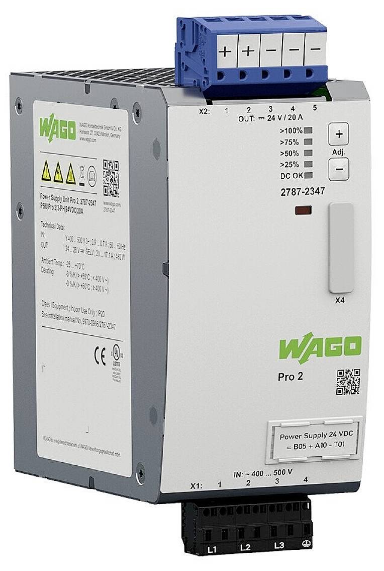 Ein Schaltnetzteil 'WAGO Pro 2' für industrielle Anwendungen mit mehreren Anschlussklemmen, Anzeigeleuchten und technischer Beschriftung.