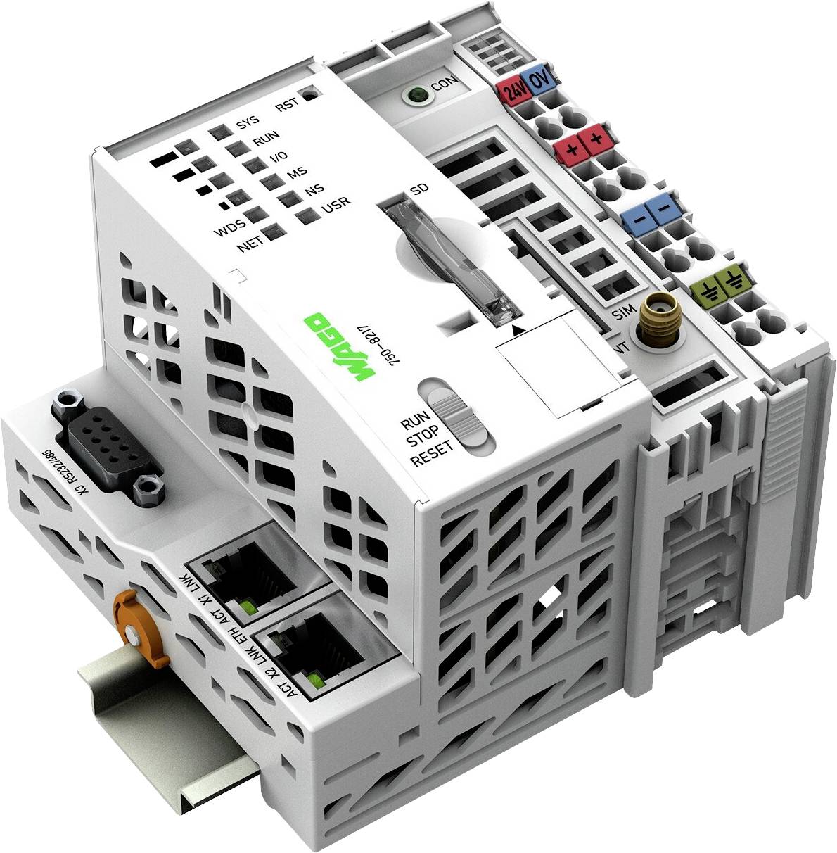 Ein graues, modulares Industrie-Steuergerät mit mehreren Ein- und Ausgängen sowie Ethernet- und seriellen Anschlüssen, markiert mit 'WAGO'.