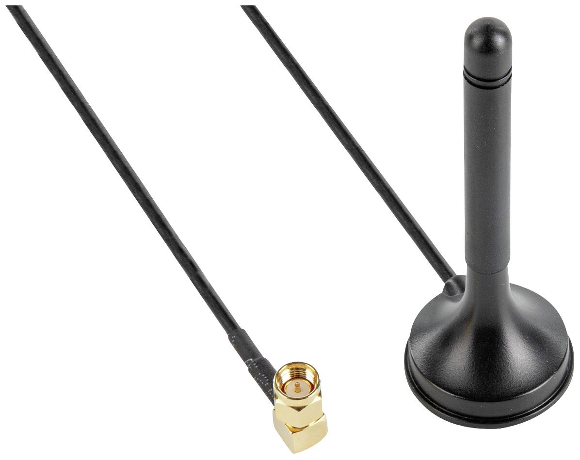 Schwarze Antenne mit Sockel und langem Kabel mit goldfarbenem Stecker, geeignet für Funk- oder Signalübertragungen.