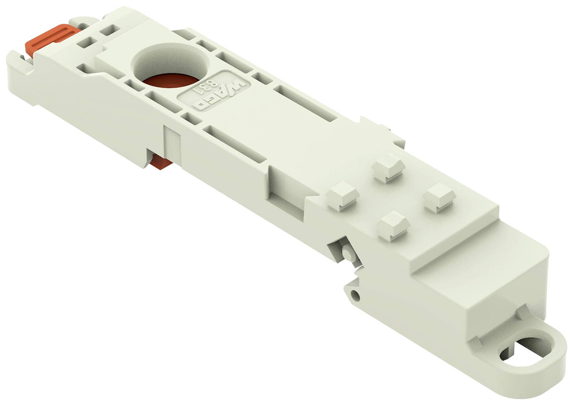 Ein hellgrauer, länglicher Verriegelungsmechanismus aus Kunststoff mit roten Akzenten, verwendet für sichere Halterungen und Verbindungen.