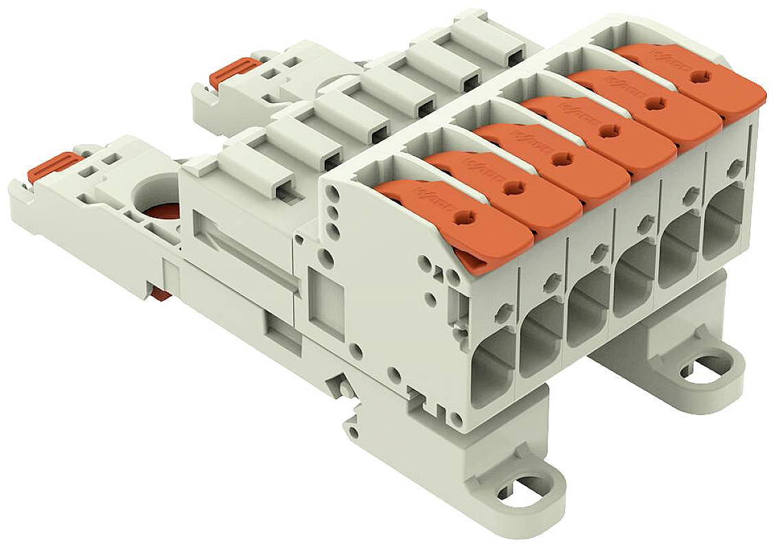 Ein kompakter, grauer elektrischer Steckverbinder mit sechs orangefarbenen Hebelmechanismen zum Sichern von Leitungen auf einer Montagebasis.