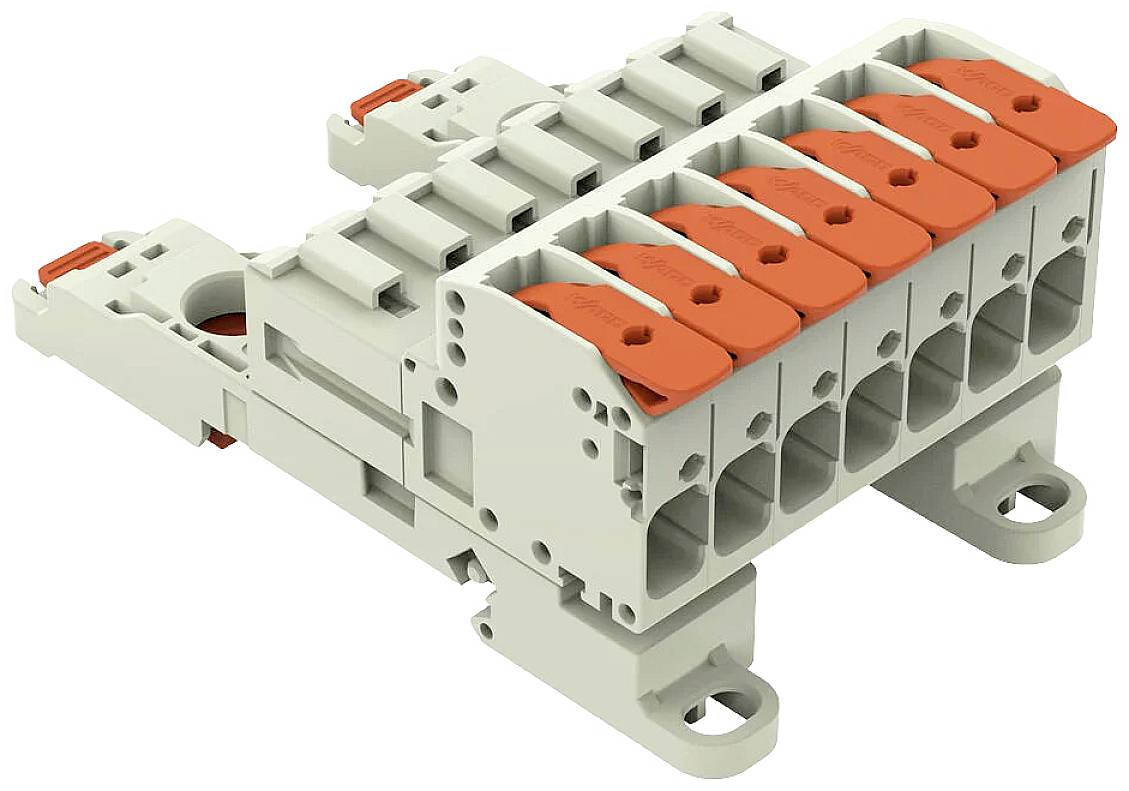 Grau-orangefarbener elektrischer Steckverbinder mit mehreren Steckplätzen, typischerweise verwendet zur Verdrahtung in Elektroinstallationen.
