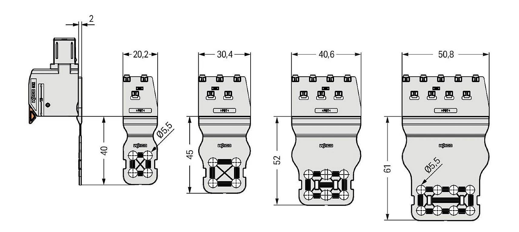 Diagramm von Relaisbauteilen mit Maßen: Höhe 40 bis 50,8 mm, Breite 40,6 bis 61 mm. Beinhaltet Draufsicht mit Anschlüssen und LED.
