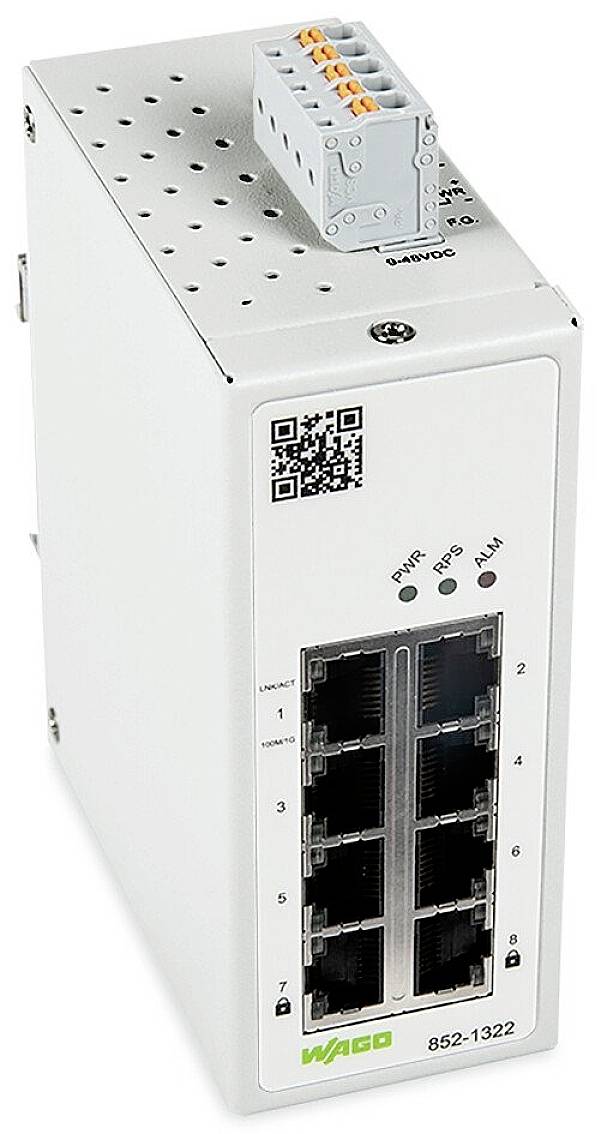 Ein industrieller Ethernet-Switch mit acht RJ45-Ports. Auf der Vorderseite befinden sich Status-LEDs für Strom, Verbindung und Alarm. Oben ist ein Stecker für Verdrahtung angebracht.