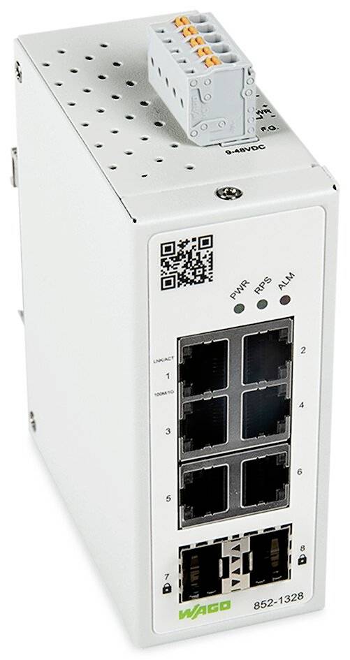 Netzwerkswitch mit sechs Ethernet-Ports und zwei Glasfaseranschlüssen, Anzeige-LEDs für Strom, PoE und Alarm oben auf der Vorderseite.