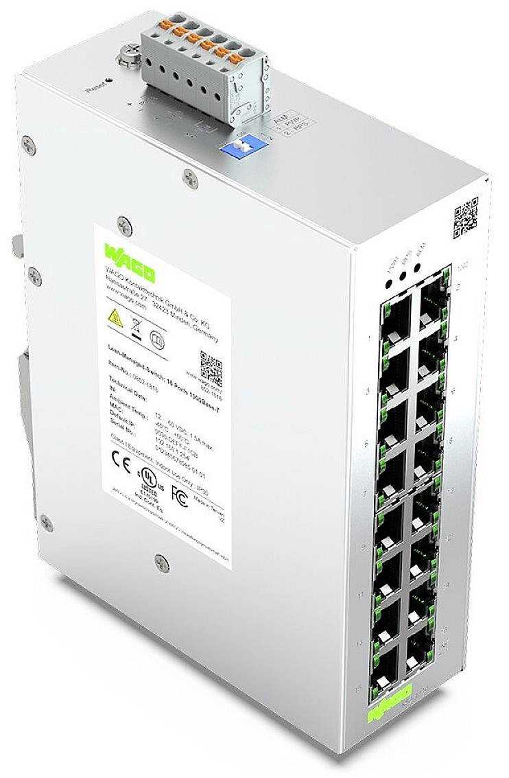Netzwerk-Switch mit mehreren Ethernet-Ports, silbernes Gehäuse, oben ein orangener Anschlussblock.