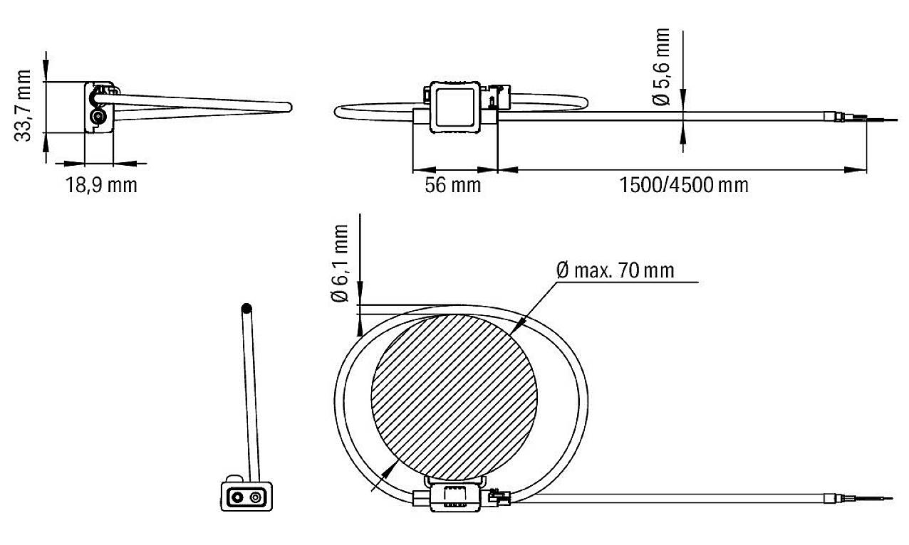 Technische Zeichnung eines kabellosen Geräts: Maße 33,7 mm x 18,9 mm, Kabeldurchmesser 5,6 mm, Kabel 1500/4500 mm lang, max. 70 mm Durchmesser.