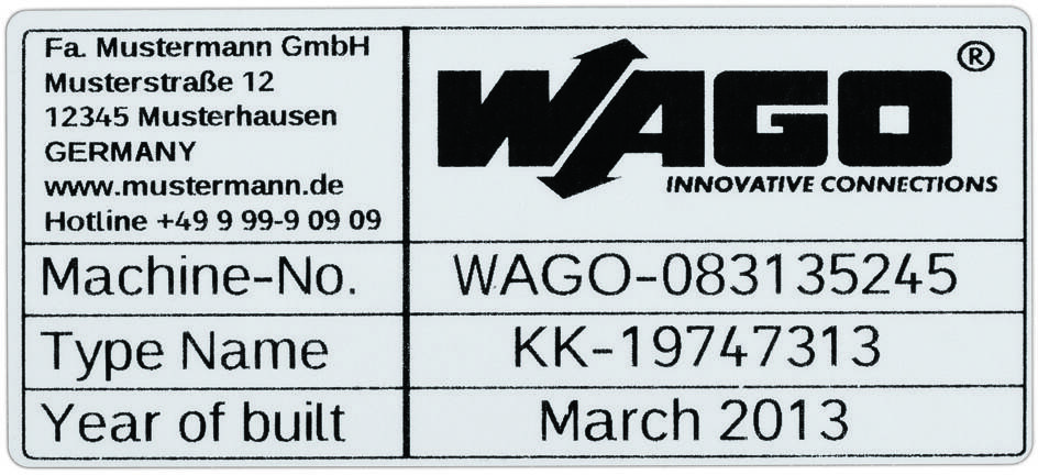 Maschinenschild mit Firmenangaben 'WAGO', Maschinen-Nr. 'WAGO-083135245', Typenbezeichnung 'KK-19747313', Baujahr 'März 2013'.