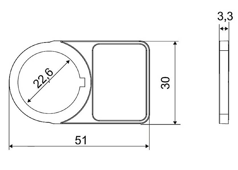 Technische Zeichnung eines rechteckigen Objekts mit rund ausgeschnittenem Teil. Maße: 51 x 30 mm und Dicke 3,3 mm. Kreisdurchmesser 22,6 mm.
