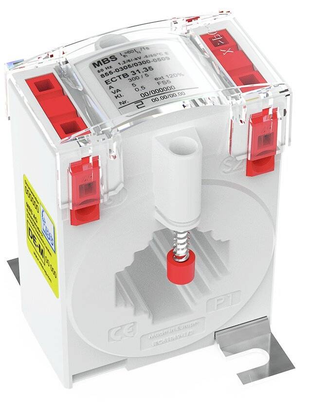 Ein weißer Stromwandler mit roten und gelben Markierungen, verwendet zur Messung von Elektrizität in industriellen Anwendungen.