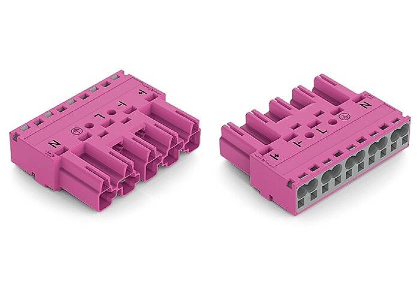 Zwei pinkfarbene Plastiksteckverbinder mit mehreren Anschlüssen, nummeriert und beschriftet mit 'T' und 'N'.