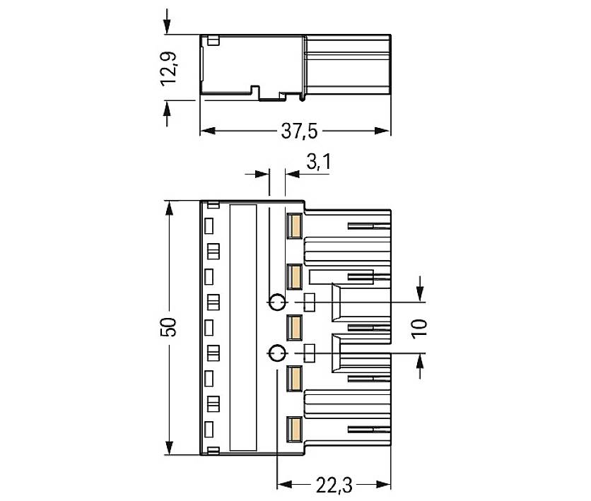 Zeichnung eines Steckverbinders mit Maßen: Höhe 12,9 mm, Länge 37,5 mm, Breite 50 mm, Anschlussbreite 22,3 mm.
