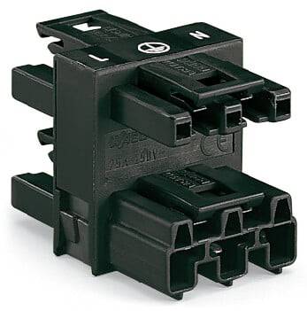 Ein schwarzer, vierpoliger Steckverbinder mit den Markierungen 'L' und 'N' für den elektrischen Anschluss.