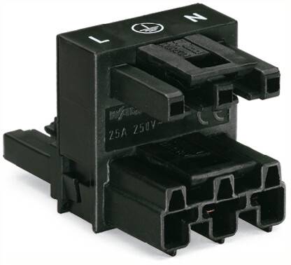 Schwarzer elektrischer Steckverbinder mit Aufschrift L und N, geeignet für 25A, 250V.