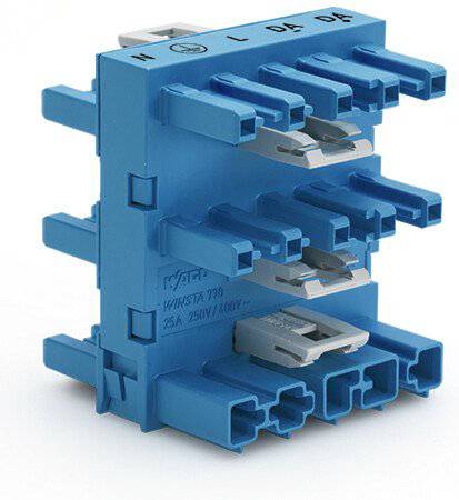 Ein blauer Steckverbinderblock mit mehreren Anschlüssen, gekennzeichnet für verschiedene Stromkreise. Geeignet für 25A und 750V.