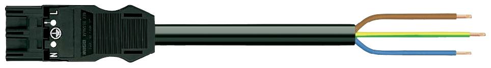 Ein dreipoliges Netzkabel mit schwarzem Stecker. Aus dem Stecker kommen drei Drähte: braun, gelb-grün und blau.