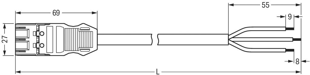 Technische Zeichnung eines Steckers mit Maßen: Gesamtbreite 27 mm, Länge 69 mm und Kabelendabschnitt von 55 mm.