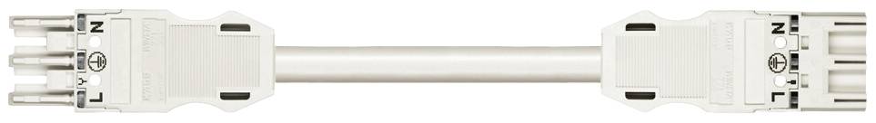 Ein weißer elektrischer Stecker oder Verbinder mit dreipoligen Anschlüssen an beiden Enden, geeignet für Beleuchtungssysteme.