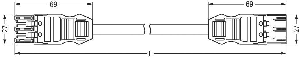 Technische Zeichnung eines Kabels mit Steckern an beiden Enden, Maße: 69 mm Länge und 27 mm Breite pro Stecker, L als Gesamtlänge.