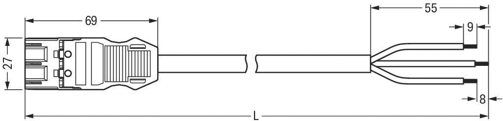 Technische Zeichnung eines Kabels mit Maßen: Länge 69 mm und Breite 27 mm am Stecker, Längenangaben für Kabelabschnitte.