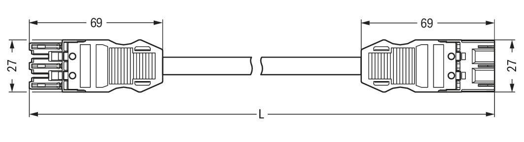 Zeichnung eines Kabels mit zwei identischen Steckern. Jeder Stecker ist 69 mm lang und 27 mm breit. Länge 'L' des Kabels unbekannt.