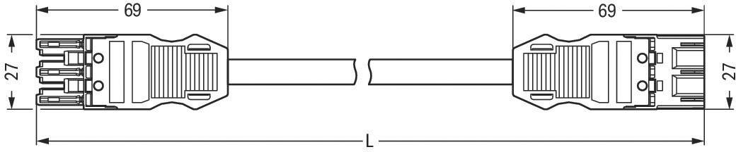 Steckerverbindung-Diagramm: Zwei Kabelenden mit Maßen 69 mm Länge und 27 mm Breite. Verbindungsleitung in der Mitte.