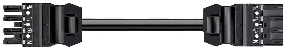 Schwarzes elektrisches Verbindungskabel mit zwei Steckern an jedem Ende.