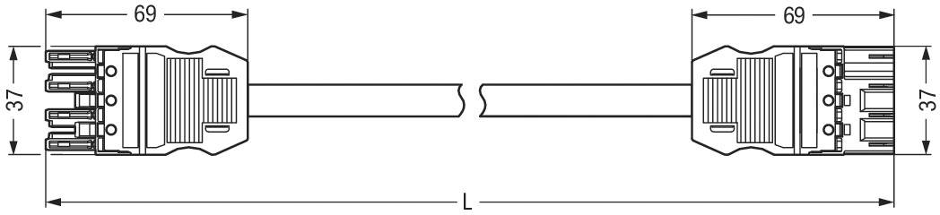 Technische Zeichnung eines Steckverbinders mit Abmessungen: Länge 69 mm und Breite 37 mm, symmetrisch auf beiden Seiten.
