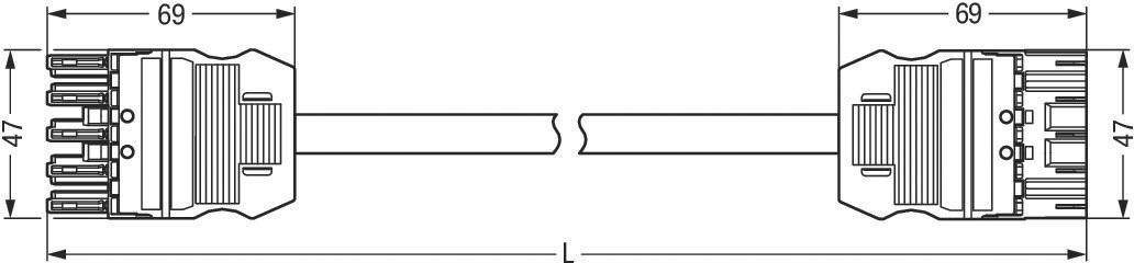 Technische Zeichnung eines Kabels mit Steckern an beiden Enden. Beide Stecker sind symmetrisch angeordnet mit Maßen 69x47 mm.