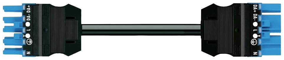 Ein schwarzes Kabel mit blauen Steckern an beiden Enden. Stecker sind mit 'L', 'N' und 'DA+/DA-' beschriftet.