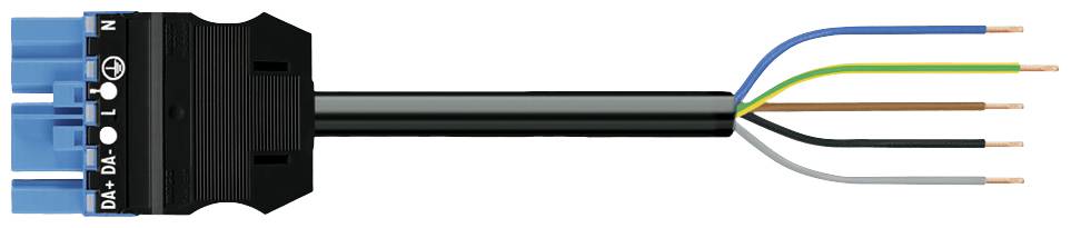 Nahaufnahme eines elektrischen Steckers mit fünf farblich gekennzeichneten Drähten (blau, schwarz, gelb-grün, braun, grau).