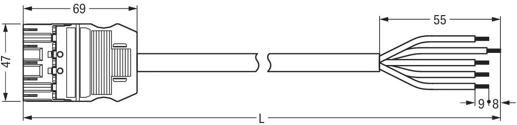 Technische Zeichnung eines Steckers mit Maßen: Breite 47 mm, Länge 69 mm für Stecker, 55 mm bis zu den Enden der Kabelstränge.